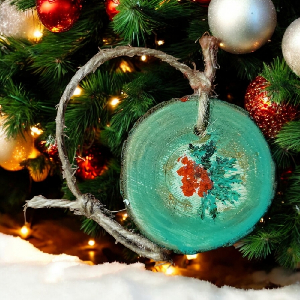 Anna's Creations Hand Crafted Painted Round Wood  Hanging Ornament Winter Holly